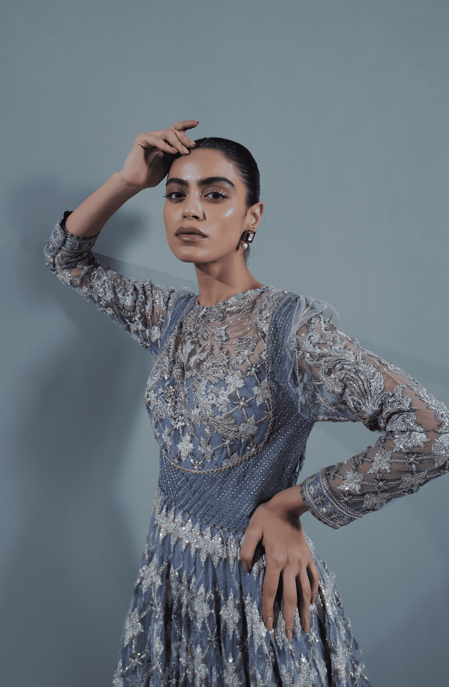 Pakistani Designer pishwas dresses by HSY -Closeup embroidery detail on Star Dust embroidered pishwas set