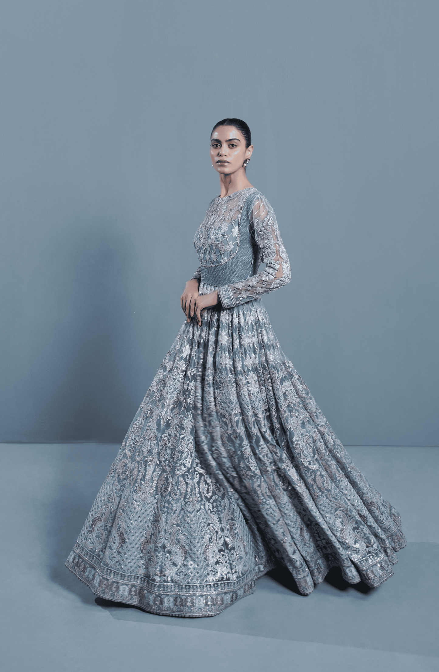 Pakistani Designer pishwas dresses-Intricate design work on Star Dust traditional embroidered pishwas