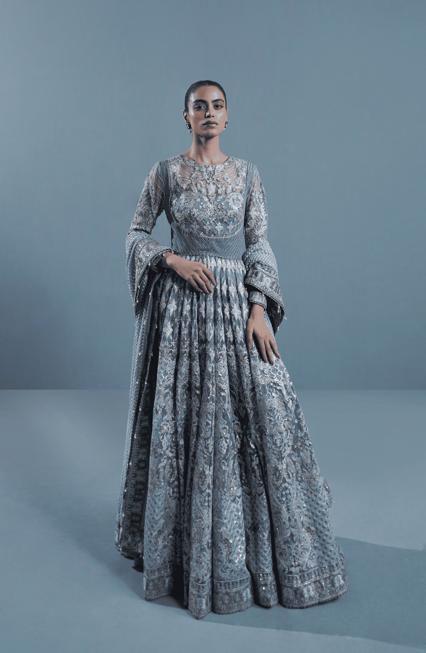 Pakistani Designer pishwas dresses-Full outfit view of Star Dust embroidered pishwas with dupatta