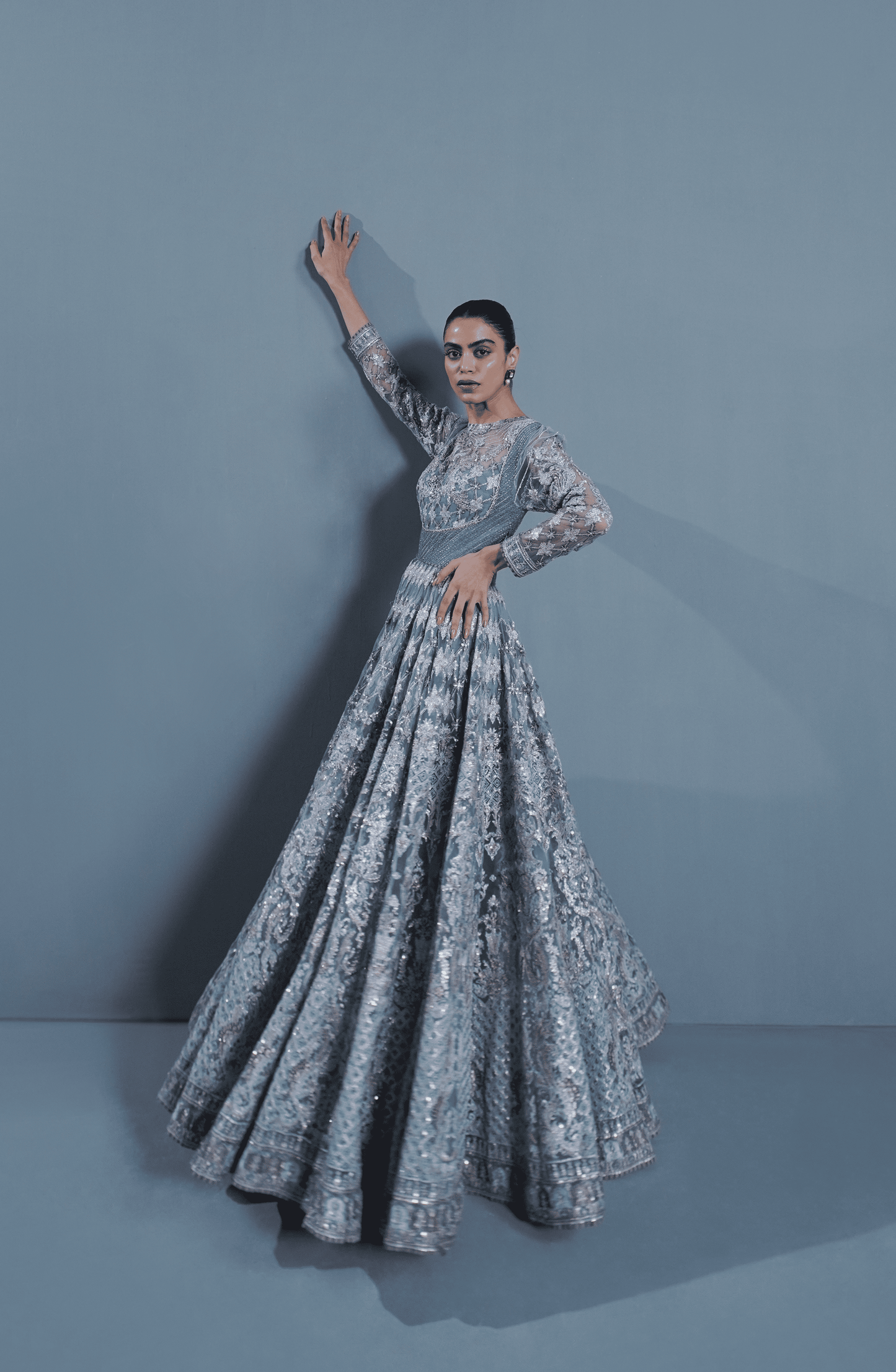 Side profile of elegant Star Dust embroidered pishwas dress
