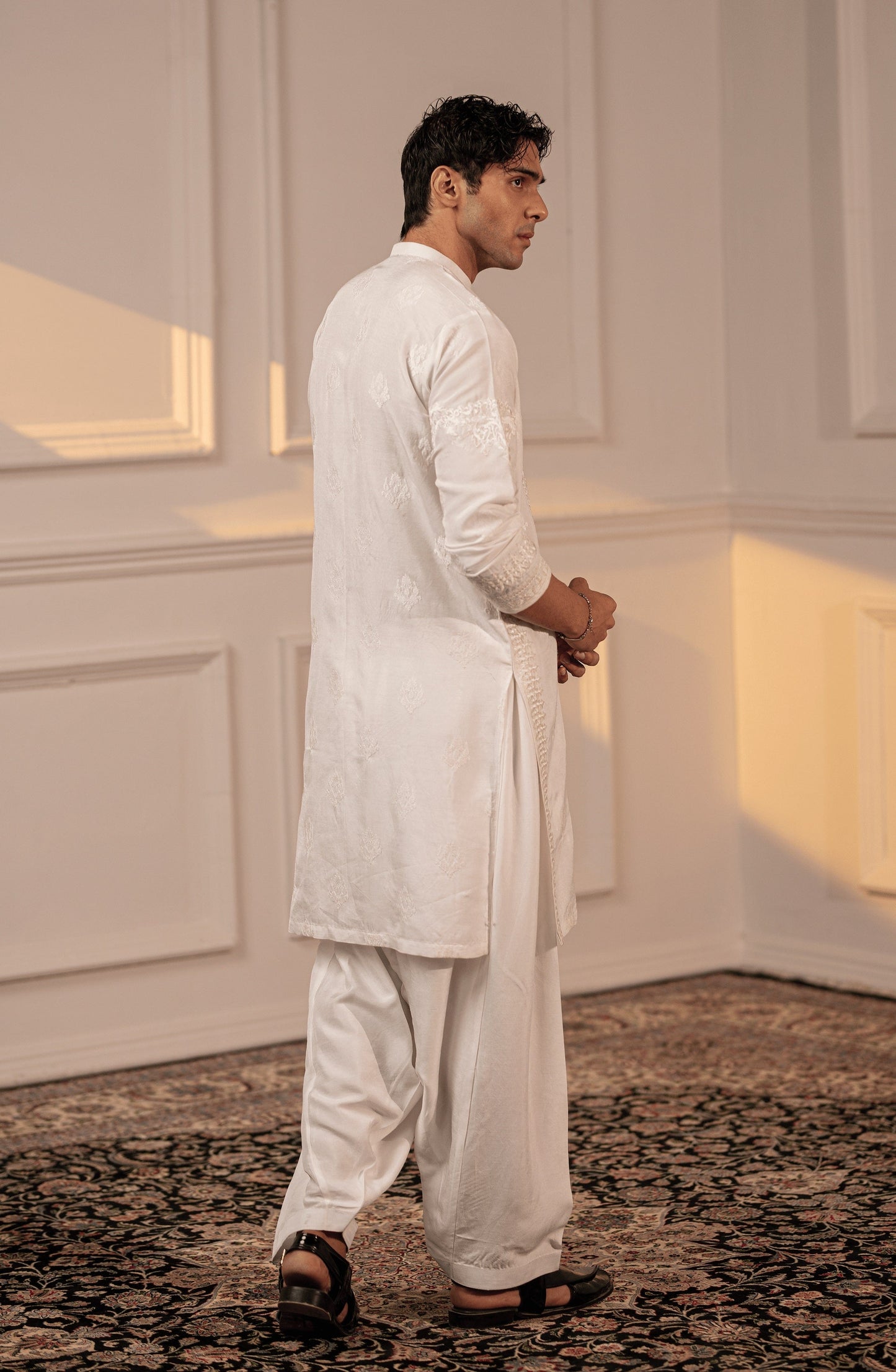 Best casual Pakistani kurtas for men-Back design of Timeless White embroidered silk kurta for men.