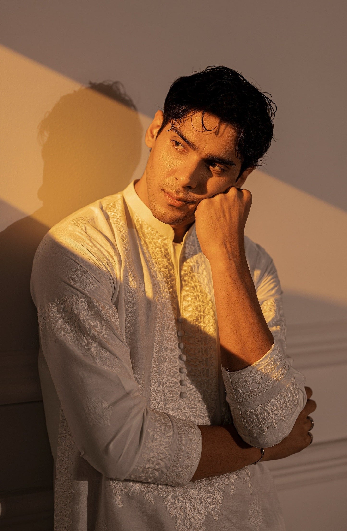 Premium Pakistani kurtas for groomsmen-Traditional ethnic look in Timeless White silk kurta shalwar ensemble.