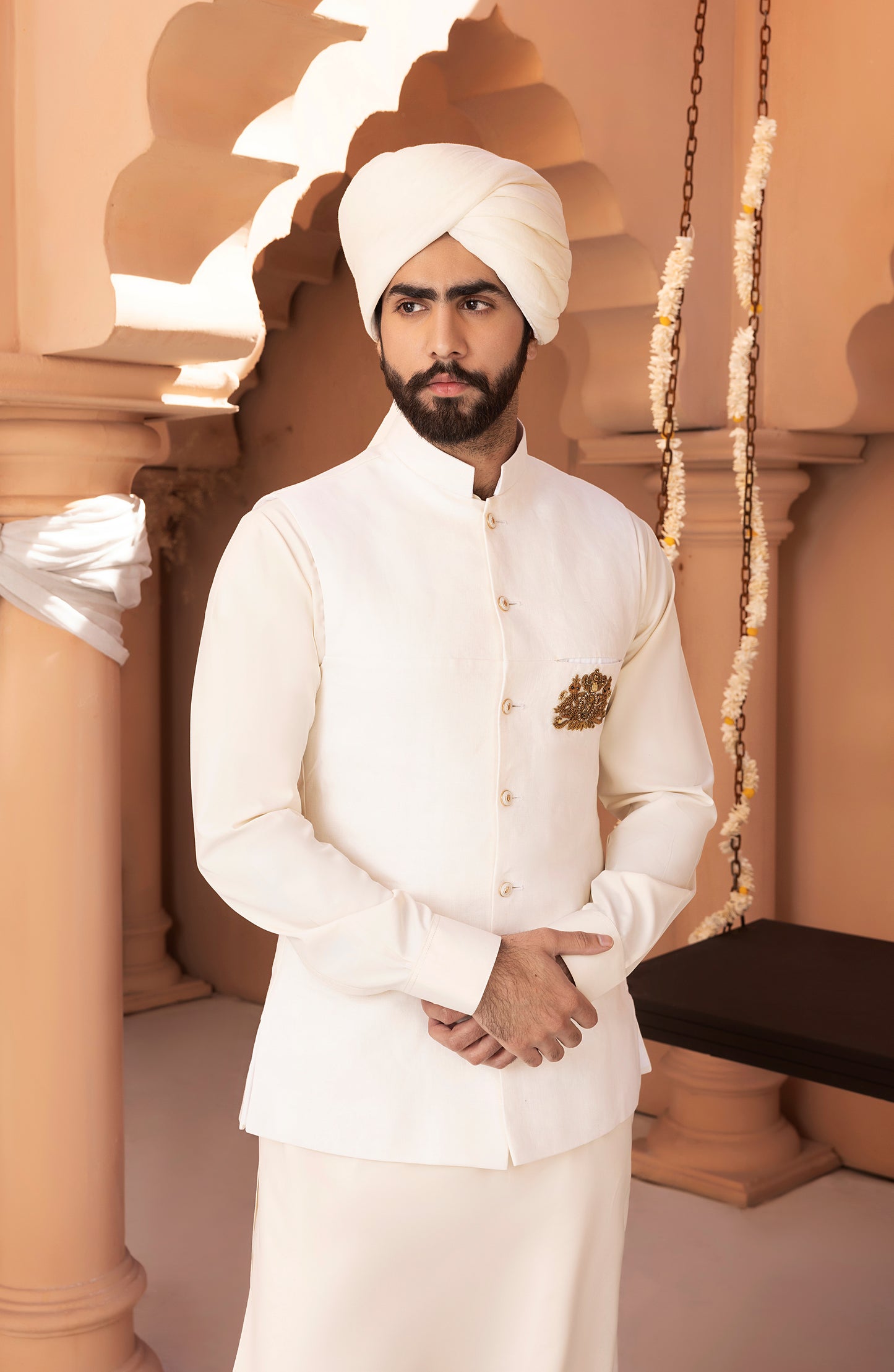 HSY White Waistcoat Shalwar Kameez-Closeup of embroidered detail on white waistcoat shalwar kameez