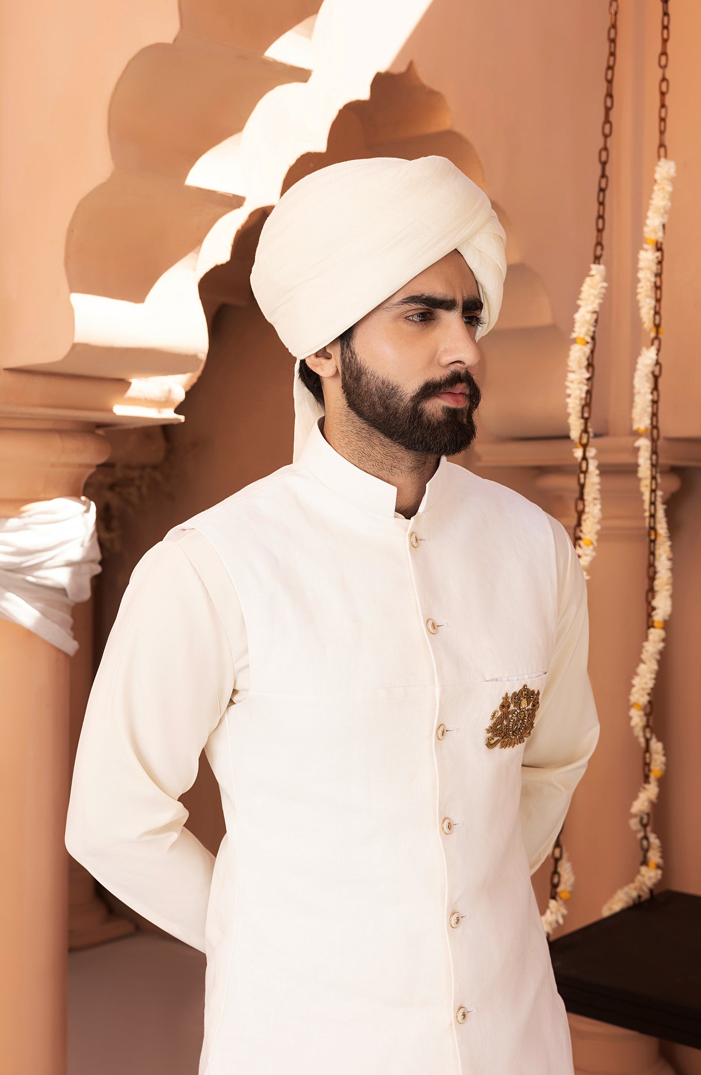 HSY White Waistcoat Shalwar Kameez-Model wearing white waistcoat shalwar kameez front pose