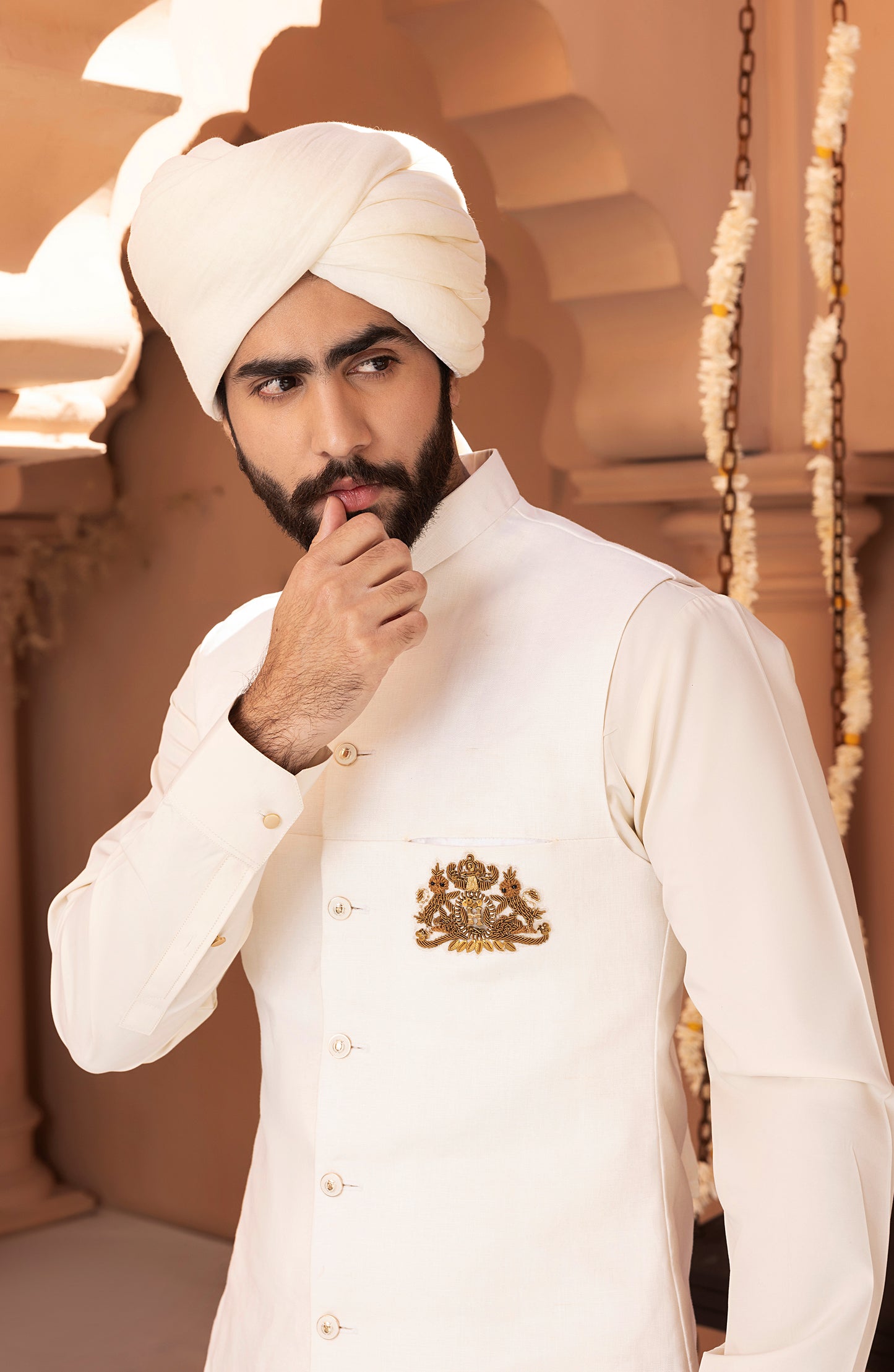 HSY White Waistcoat Shalwar Kameez-Side profile of elegant white waistcoat shalwar kameez outfi