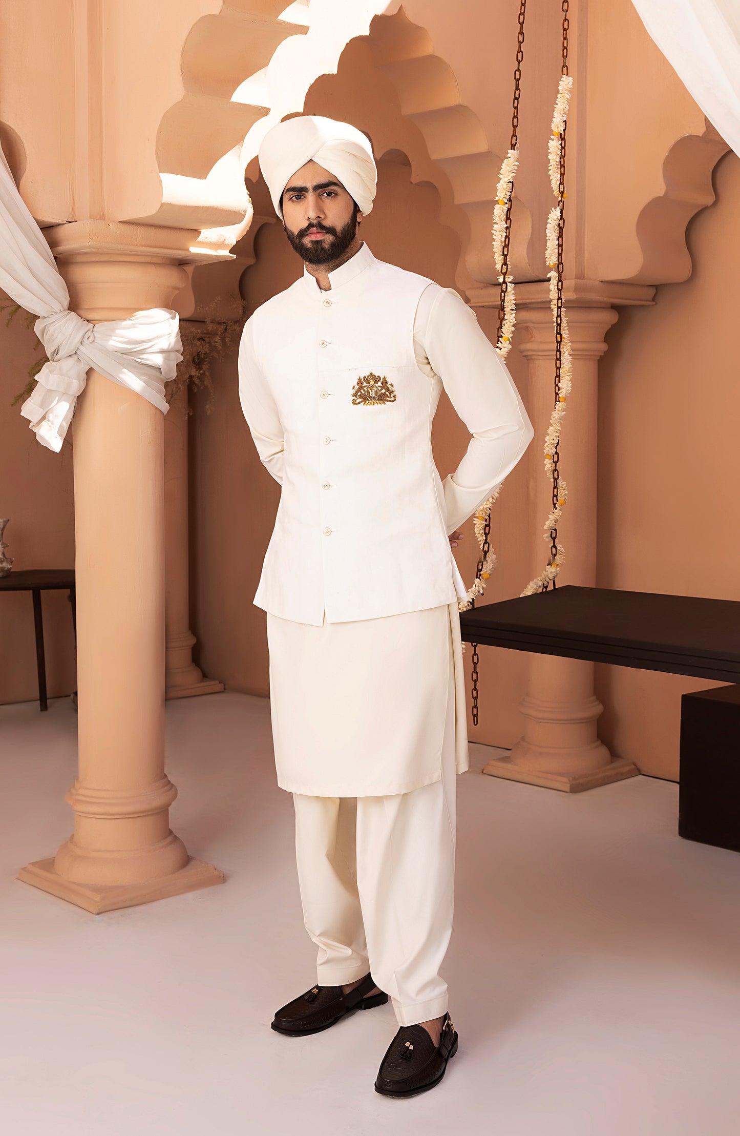 HSY White Waistcoat Shalwar Kameez-Stylish waistcoat design on white shalwar kameez for formal wear