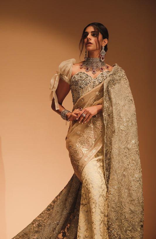 Aarzu - Pakistani Golden Saree Paired with a Textured Skirt and a Corset