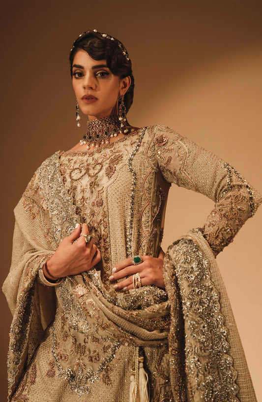 Andaaz - Bridal Shirt in French Beige Paired with a Farshi Gharara