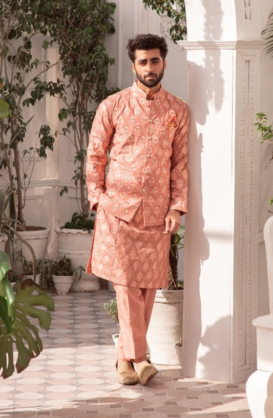 Embroidered Waistcoat with a Self-printed Kurta and Pajama