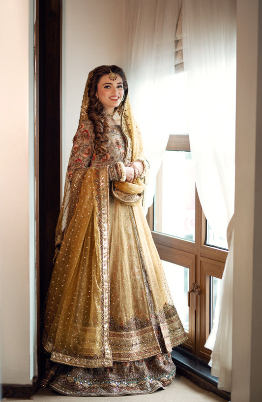 Bridal Embroidered Pishwas Paired with a Lehenga and Dupatta