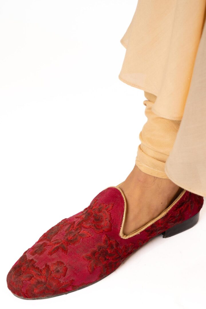Red Embroidered Slip-On Loafers Men Red Velvet Loafers Slipon Shoes With Hand Embroidery  main image 4