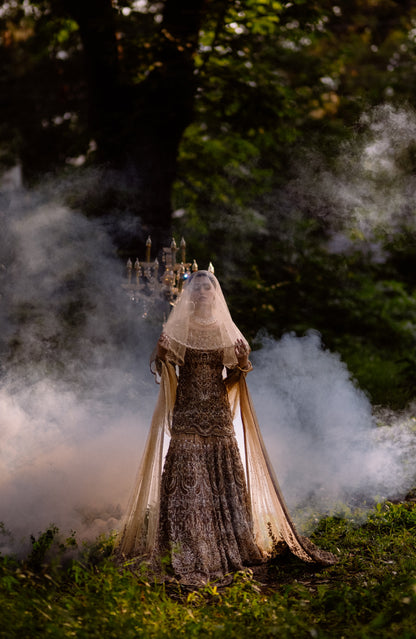 A person in an ornate dark brocade gown with a sheer veil stands outdoors in a forest setting, surrounded by dramatic smoke and greenery. A small candelabra is visible behind them.