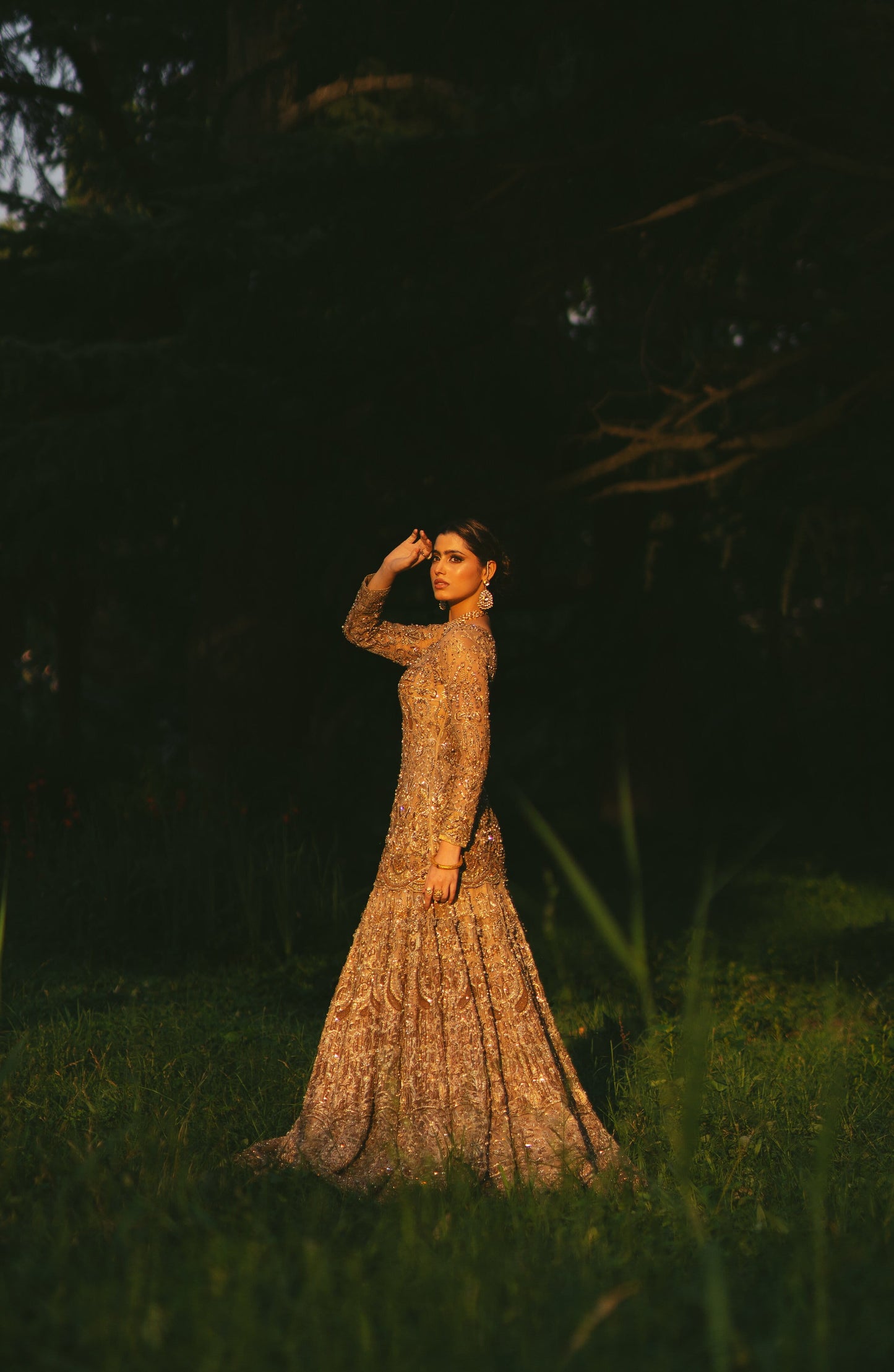 A woman stands in a grassy outdoor setting at dusk, wearing a long-sleeved, floor-length beige gown covered in intricate beadwork and sequins that catch the warm light.