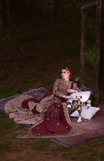 A woman in an ornate traditional maroon and gold embroidered dress reclines on a rug beside a large mirror in a dark outdoor setting.
