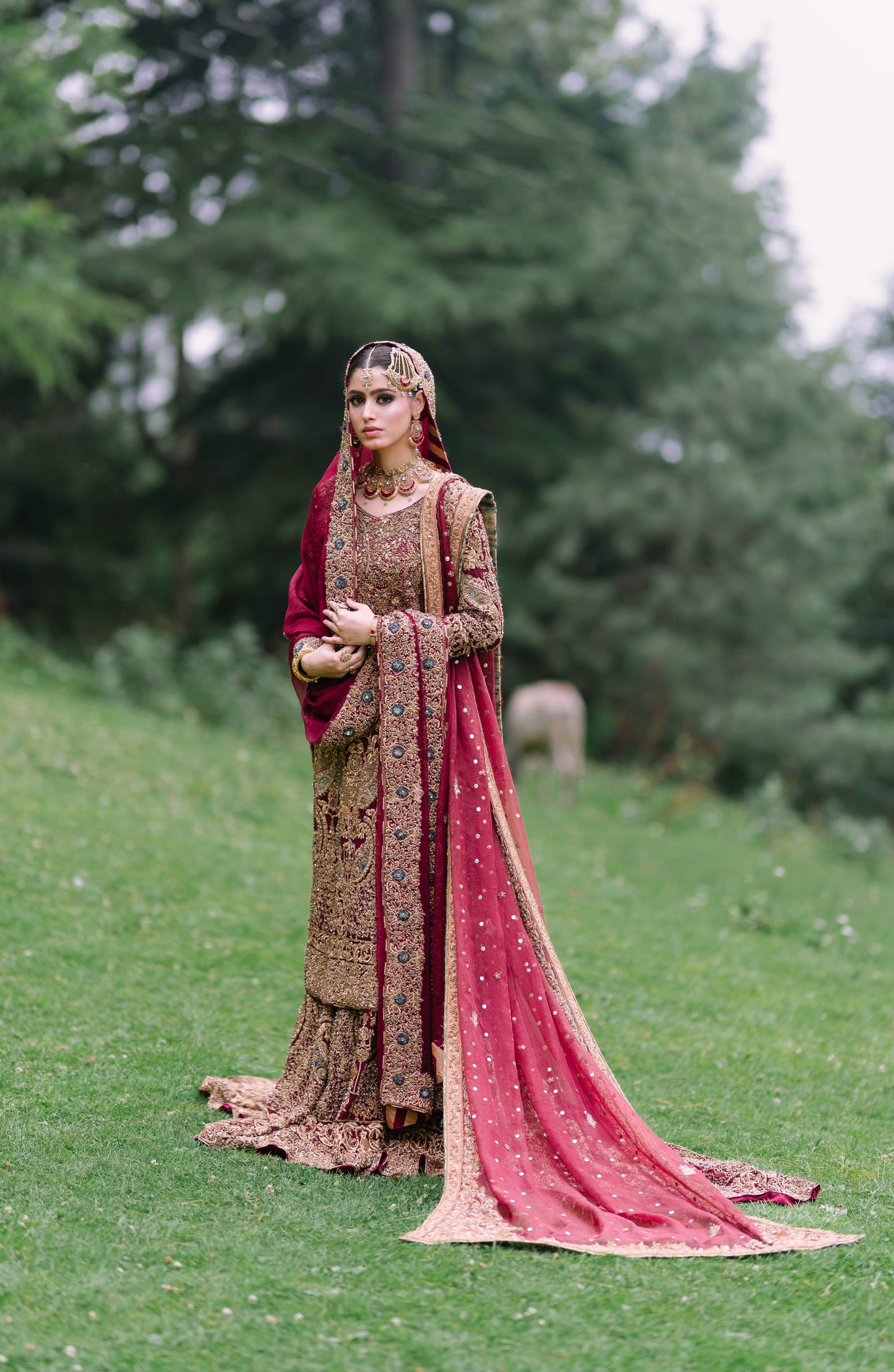 A woman wearing an ornate traditional bridal outfit stands on a grassy lawn with trees in the background. The outfit features a deep red dupatta and border with intricate gold embroidery, paired with a matching embroidered kurta and a red-and-gold draped shawl.