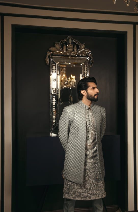 HSY Prince Coat Paired with Embroidered Kurta and Raw Silk Pants