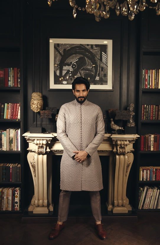Traditional Embroidered Sherwani with Raw Silk Trousers