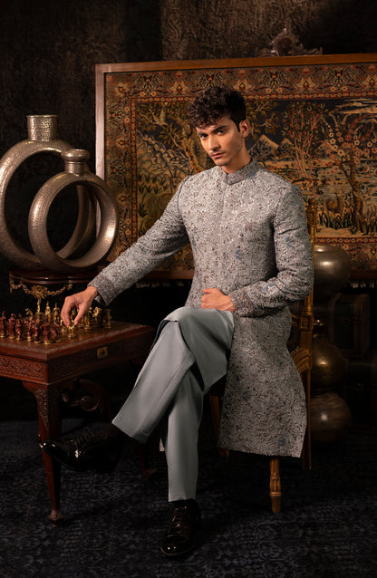 Nawab-e-Zar – Frosted Grey Sherwani