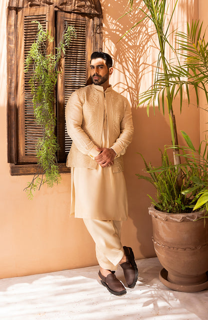 Creme Embroidered Waistcoat Shalwar Kameez