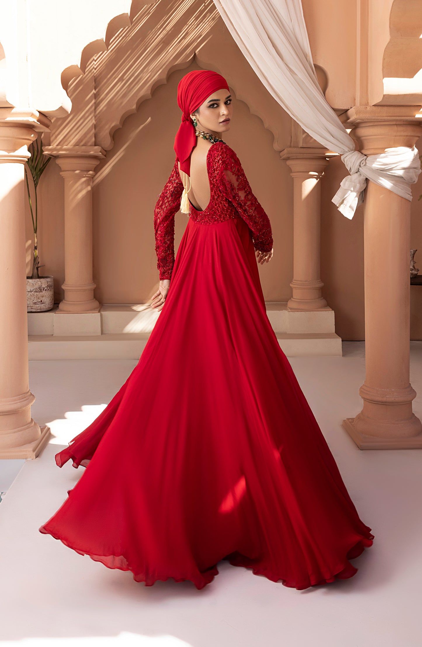 Crimson Red - Georgette Floor-Length Gown with Embellished Bodice