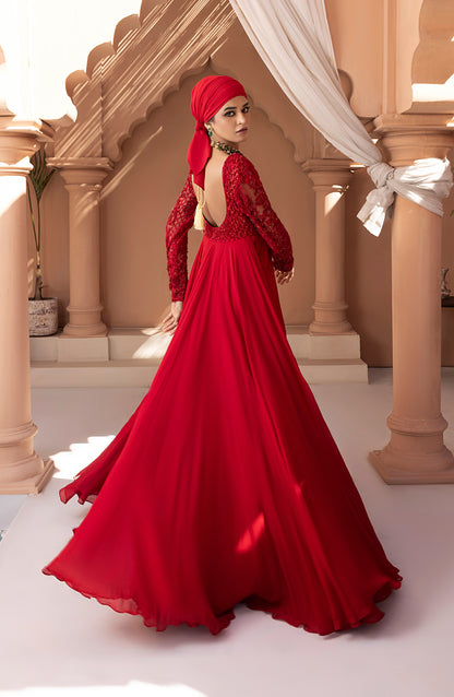 Crimson Red - Georgette Floor-Length Gown with Embellished Bodice
