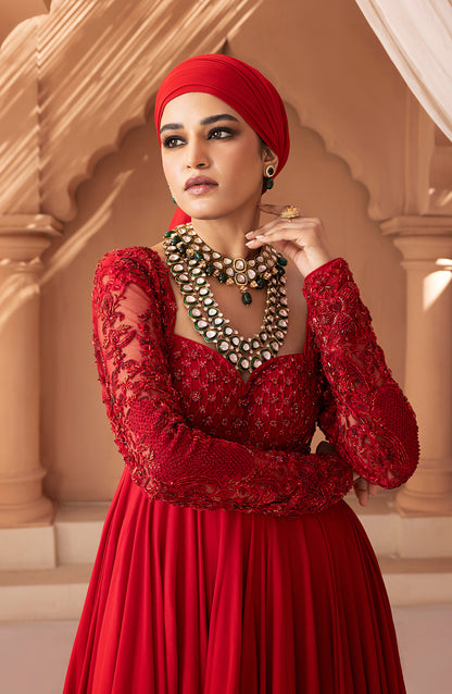 Crimson Red - Georgette Floor-Length Gown with Embellished Bodice