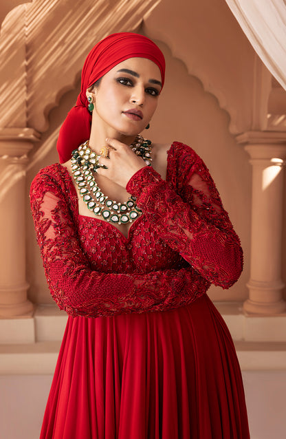 Crimson Red - Georgette Floor-Length Gown with Embellished Bodice
