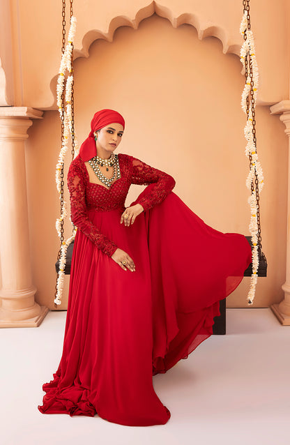 Crimson Red - Georgette Floor-Length Gown with Embellished Bodice