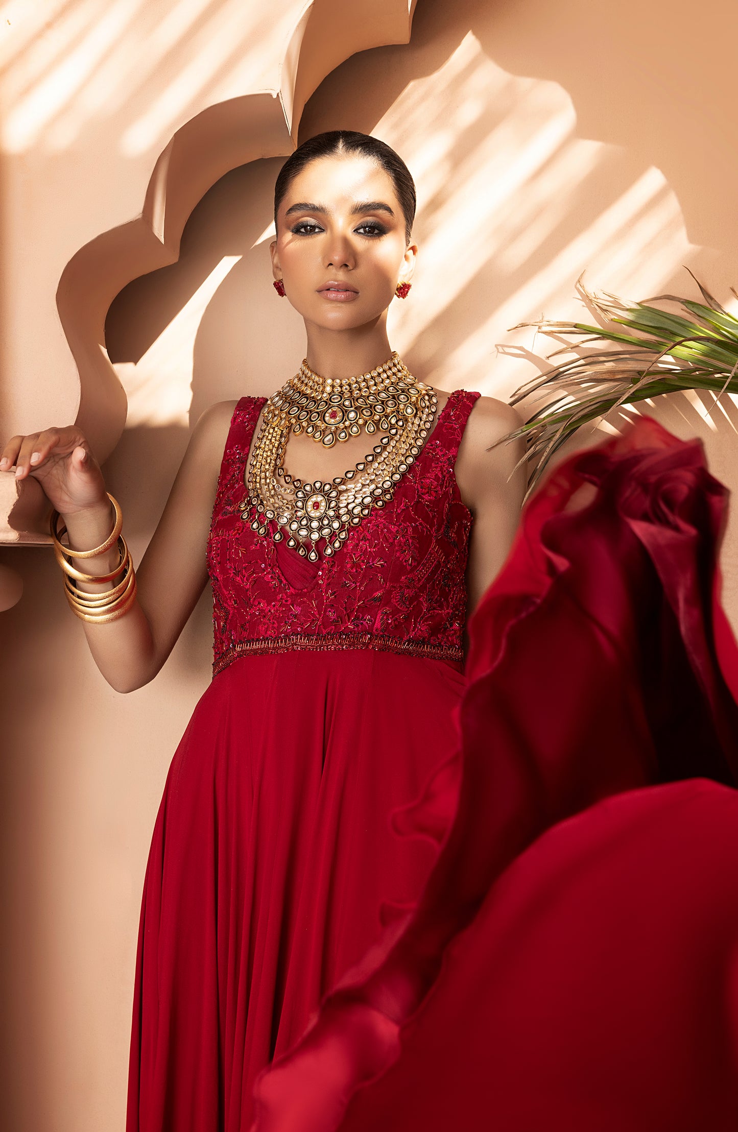 Scarlet Red - Georgette Floor-Length Gown with Embellished Bodice