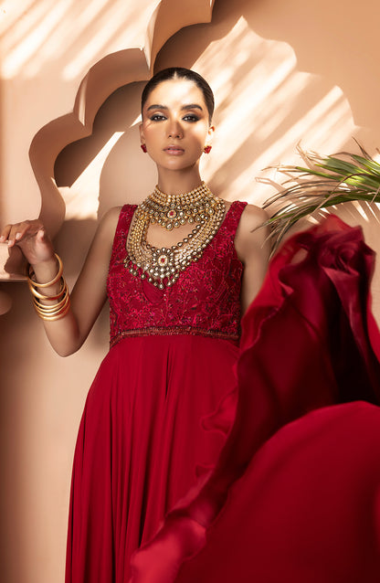 Scarlet Red - Georgette Floor-Length Gown with Embellished Bodice