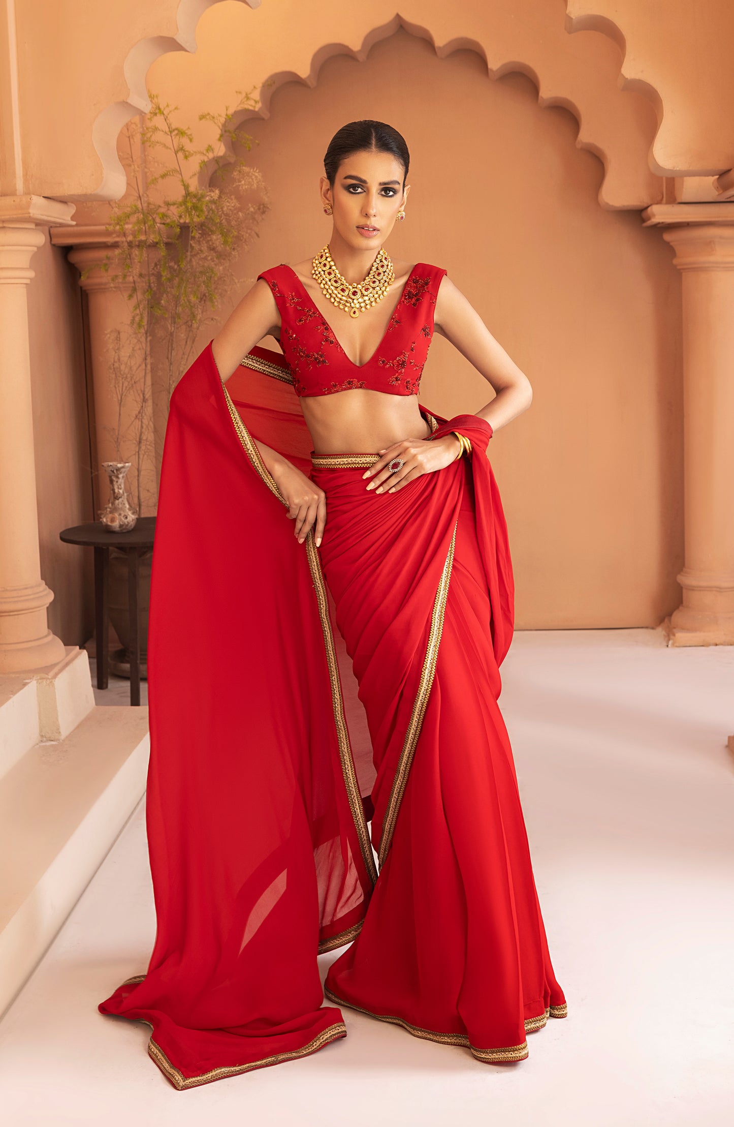 Garnet Red - Georgette Chiffon Saree with Gold Lace and Blouse