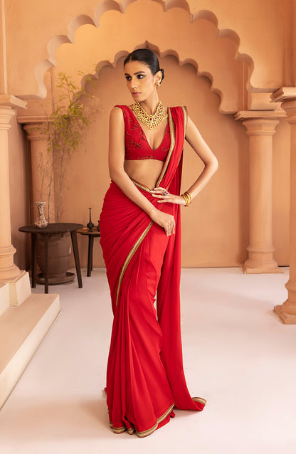 Garnet Red - Georgette Chiffon Saree with Gold Lace and Blouse