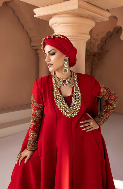 Ruby Red - Antique Embellished Floor-Length Gown