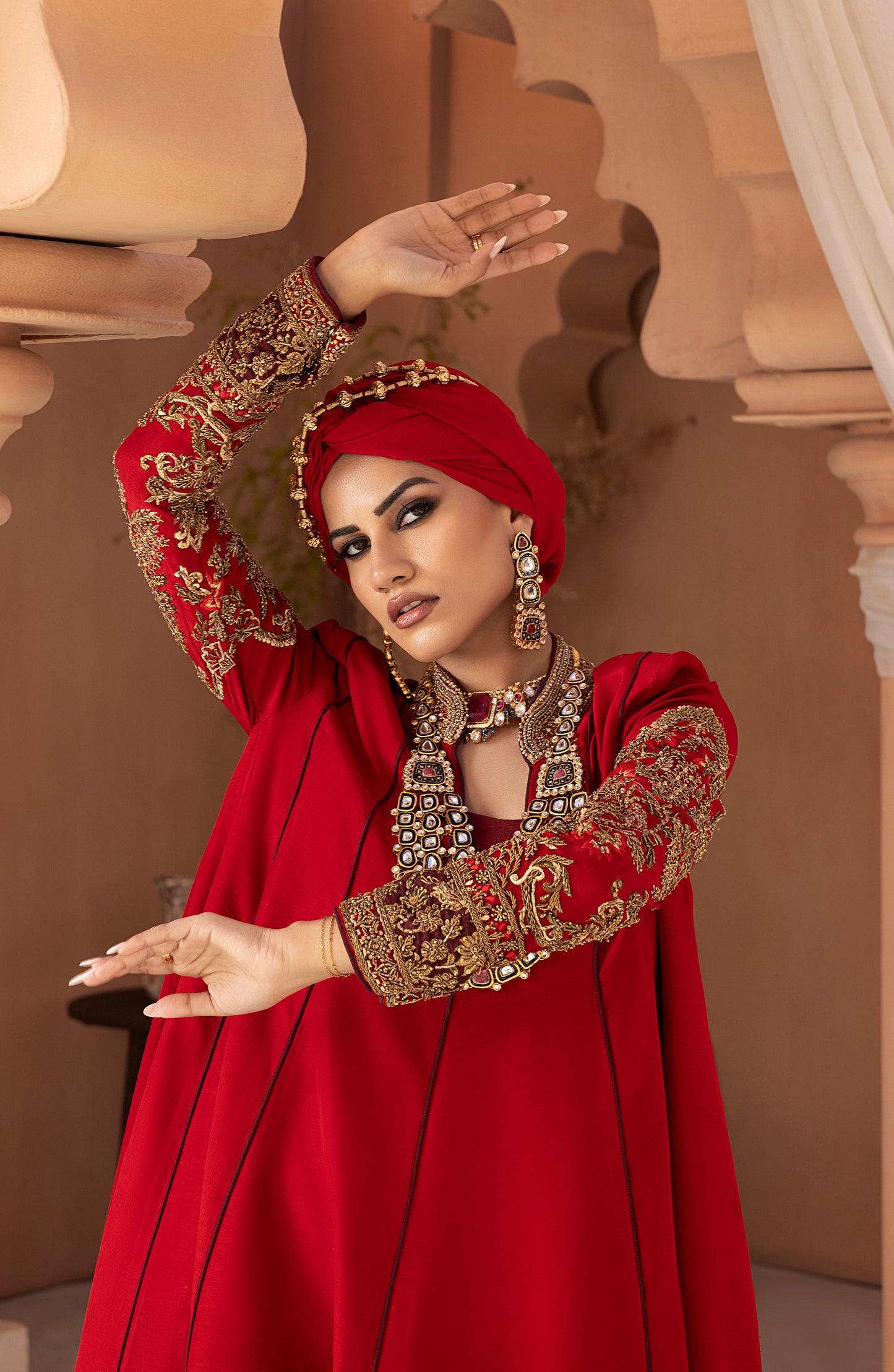 Ruby Red - Antique Embellished Floor-Length Gown