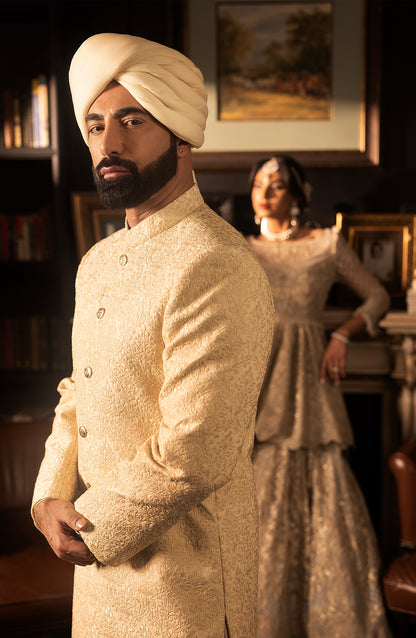 Ivory Silk Sherwani with Gold Button Detailing