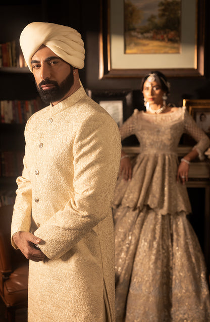 Ivory Silk Sherwani with Gold Button Detailing