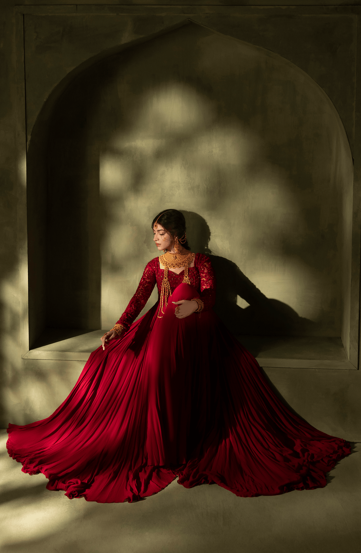 Crimson Red - Georgette Floor-Length Gown with Embellished Bodice