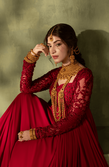 Crimson Red - Georgette Floor-Length Gown with Embellished Bodice