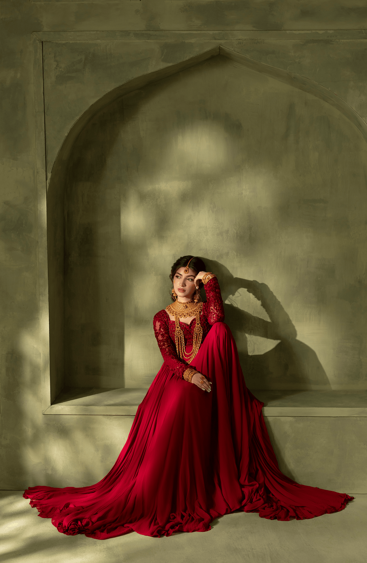 Crimson Red - Georgette Floor-Length Gown with Embellished Bodice