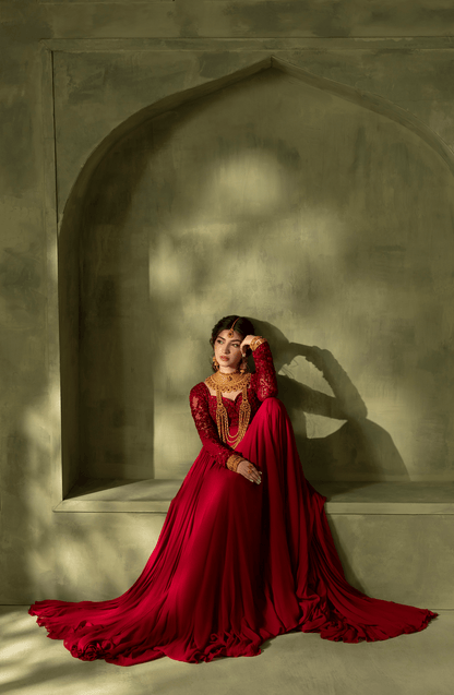 Crimson Red - Georgette Floor-Length Gown with Embellished Bodice