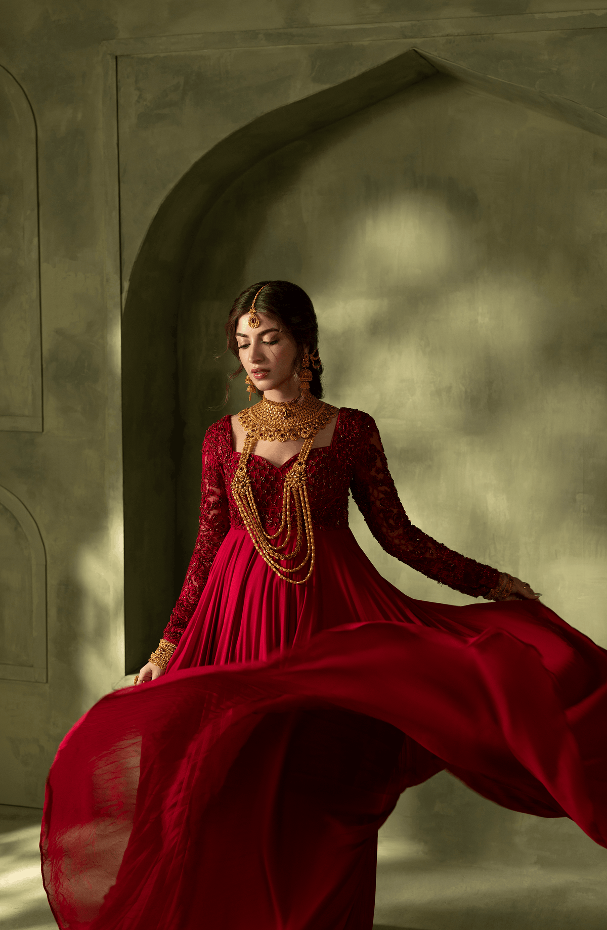 Crimson Red - Georgette Floor-Length Gown with Embellished Bodice