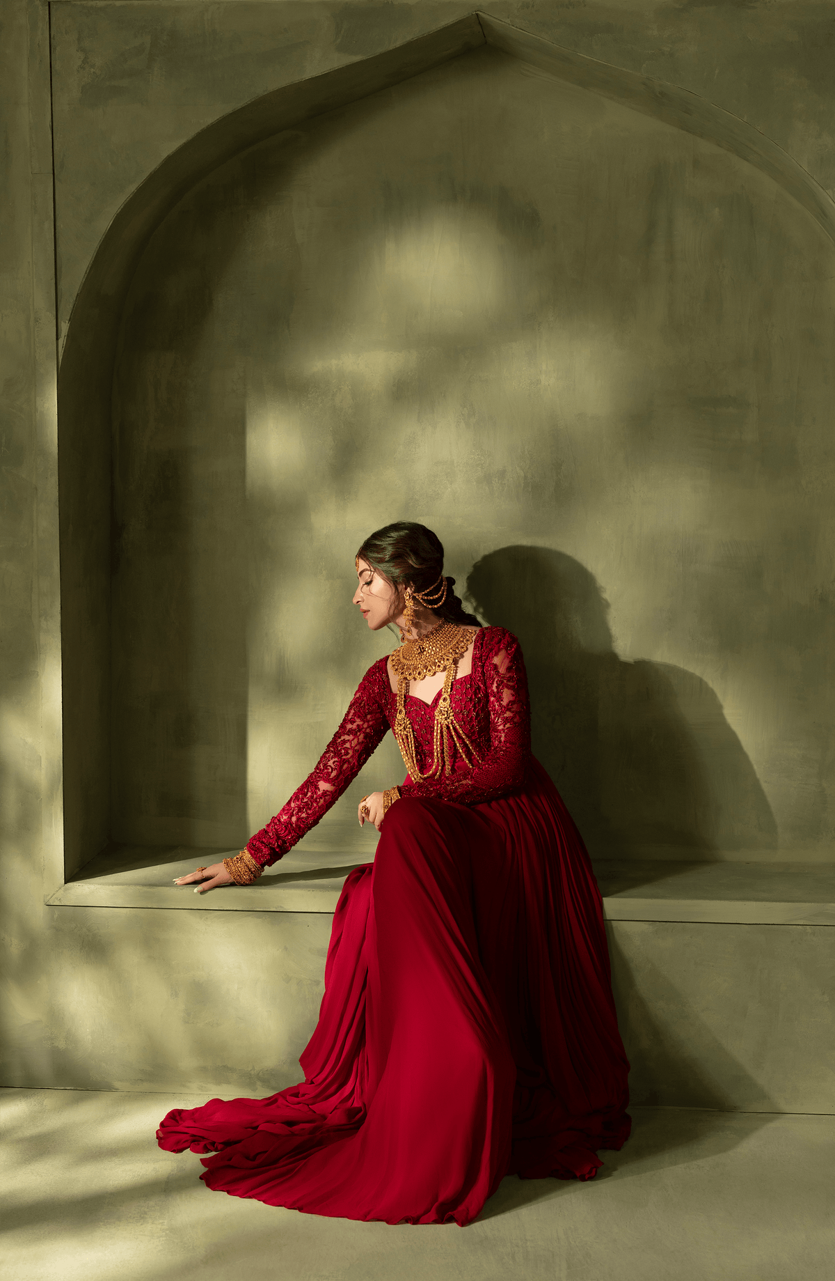 Crimson Red - Georgette Floor-Length Gown with Embellished Bodice