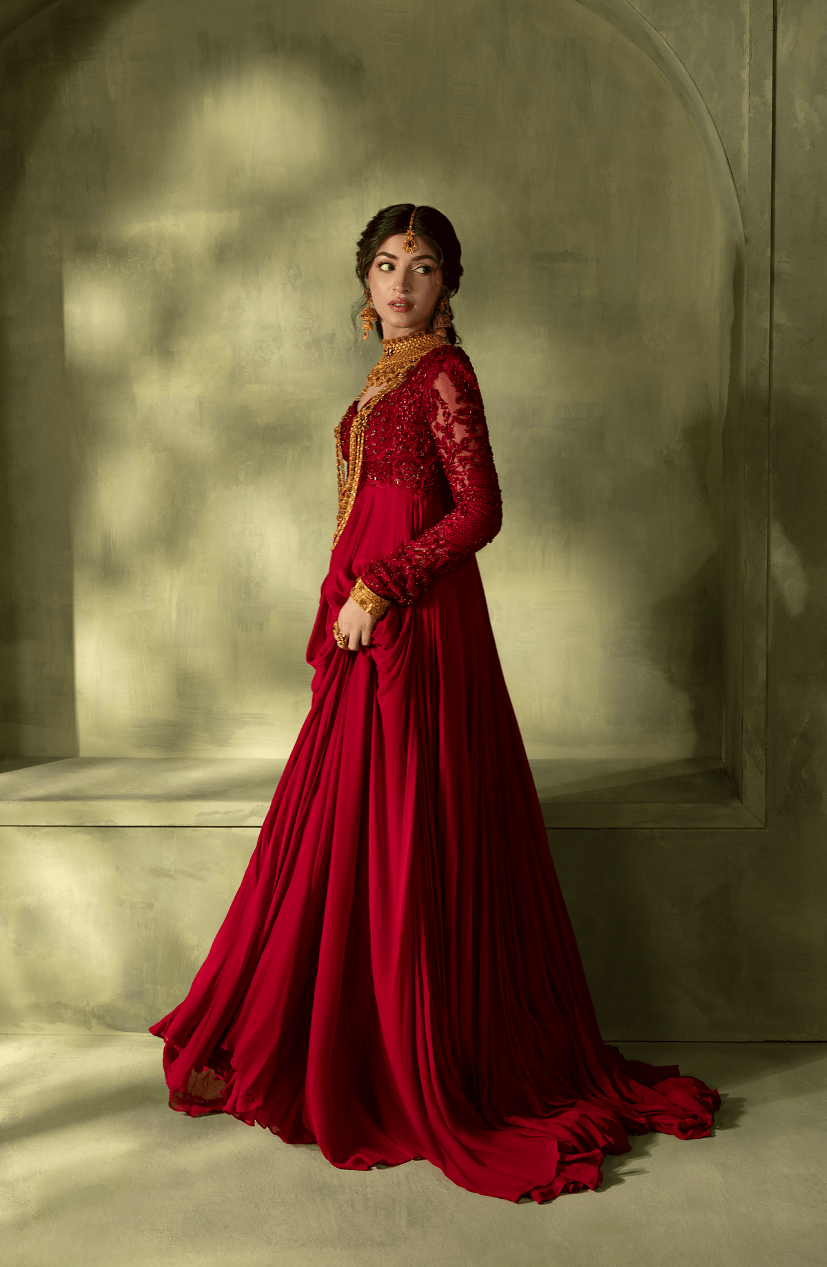 Crimson Red - Georgette Floor-Length Gown with Embellished Bodice