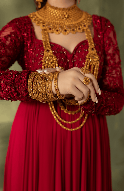 Crimson Red - Georgette Floor-Length Gown with Embellished Bodice