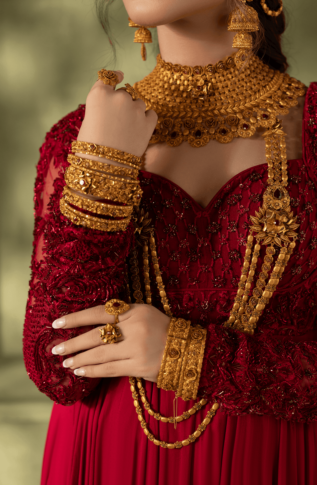 Crimson Red - Georgette Floor-Length Gown with Embellished Bodice