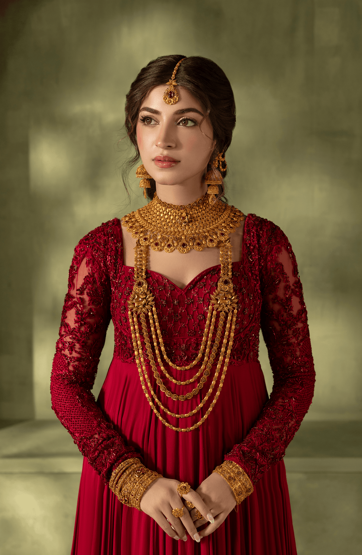 Crimson Red - Georgette Floor-Length Gown with Embellished Bodice