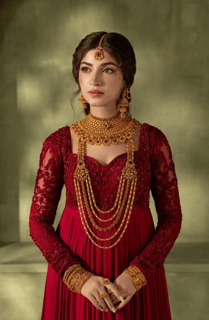 Crimson Red - Georgette Floor-Length Gown with Embellished Bodice