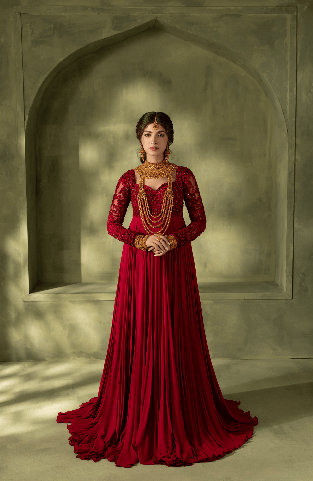 Crimson Red - Georgette Floor-Length Gown with Embellished Bodice