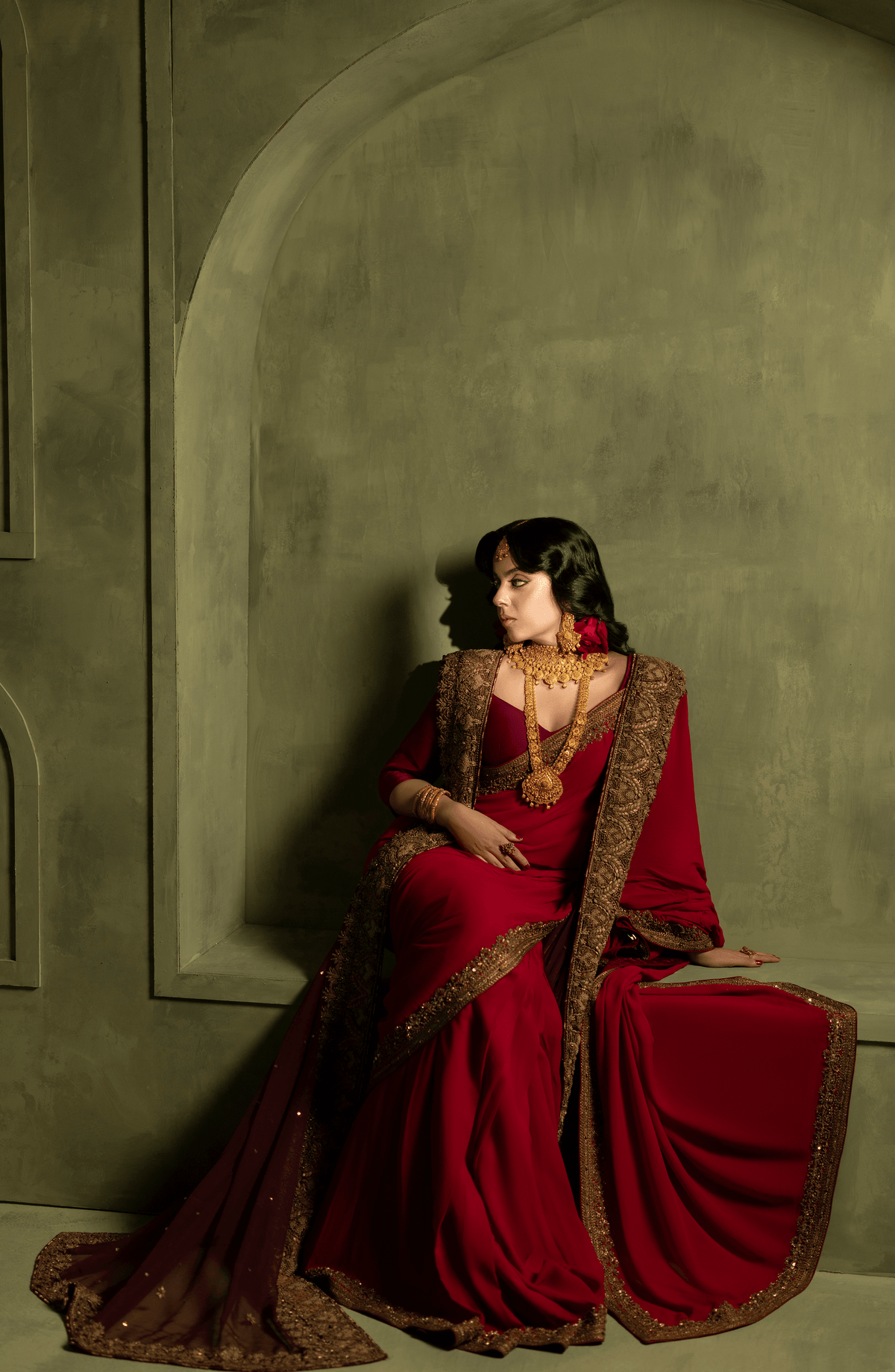 Chiffon Saree with Burgandy Blouse and Dupatta