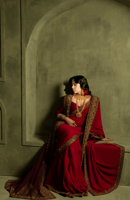 Chiffon Saree with Burgandy Blouse and Dupatta